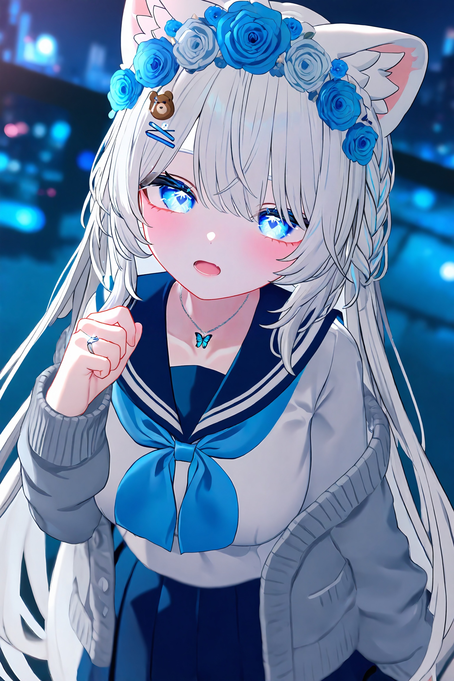 masterpiece,best quality,highly detailed,VCT_STYLE,1girl,solo,cat ears,animal ears,white hair,long hair,bangs,braids,blue eyes,gradient eyes,flower shaped pupils,star shaped pupils,shining eyes,glowing eyes,detailed eyes,heavy eyelashes,blush,open mouth,looking at viewer,flower crown,blue rose,hair flower,hair ornament,hair clip,cross hair clip,bear hair ornament,necklace,butterfly necklace,jewelry,ring,heart ring,school uniform,sailor uniform,blue sailor collar,necktie,blue necktie,cardigan,grey cardigan,sweater,open sweater,long sleeves,pleated skirt,blue skirt,crest,leaning forward,hand up,clenched hands,upper body,medium shot,from above,depth of field,bokeh,blurry background,city lights,night,cool lighting,<lora:VRC_STYLE-000118:1>,vct_style,