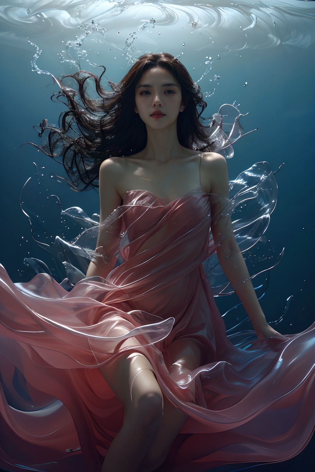 sd mai, piao, 1girl, solo, brown hair, long hair, underwater, dress, brown eyes, parted lips, realistic, water <lora:飘piao:0.8>