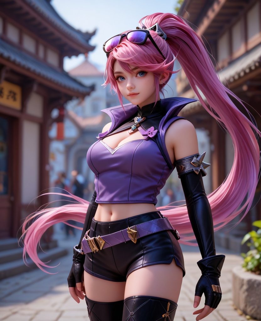 (oriental architecture, elegant decor, sophisticated style:1.1),(hands-on-hips:1.1),(large breasts:1.2),<lora:XL16王者荣耀孙尚香杀手不太冷:0.95>,miss sunshangxiang,violet vest,black shorts,blue eyes,ponytail,violet dip-dye for pink hair,absurdly long hair,eyewear on head,black elbow gloves,black thigh boots,belt,medium breasts,, score_9,score_8_up,score_7_up,score_6_up,score_5_up,score_4_up,3d rendering,tag1,tag2, Cinematic Lighting,backlighting,, zPDXL3, zPDXL2,zPDXL, zPDXLxxx, zPDXLrl,