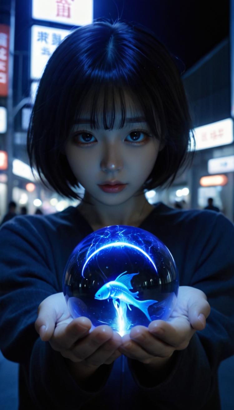 holding a glowing blue magic energy orb in her hands,dark background,particle effects,highly detailed,ultra-high resolutions,32K UHD,best quality,masterpiece,ukl,1girl,(Exaggerated perspective),ultra wide shot,reaching out hand,foreshortening,on the tokyo street,realistic,highres,female focus,solo,hat,fish-eye len,fish eye angle,blue thunder magic ball,Deep photo,depth of field,shadows,seductive silhouette play,dark,nighttime,dark photo,grainy,dimly lit,(bob cut:0.6),(swept bangs:0.5),(messy hair:0.6),blue hair,