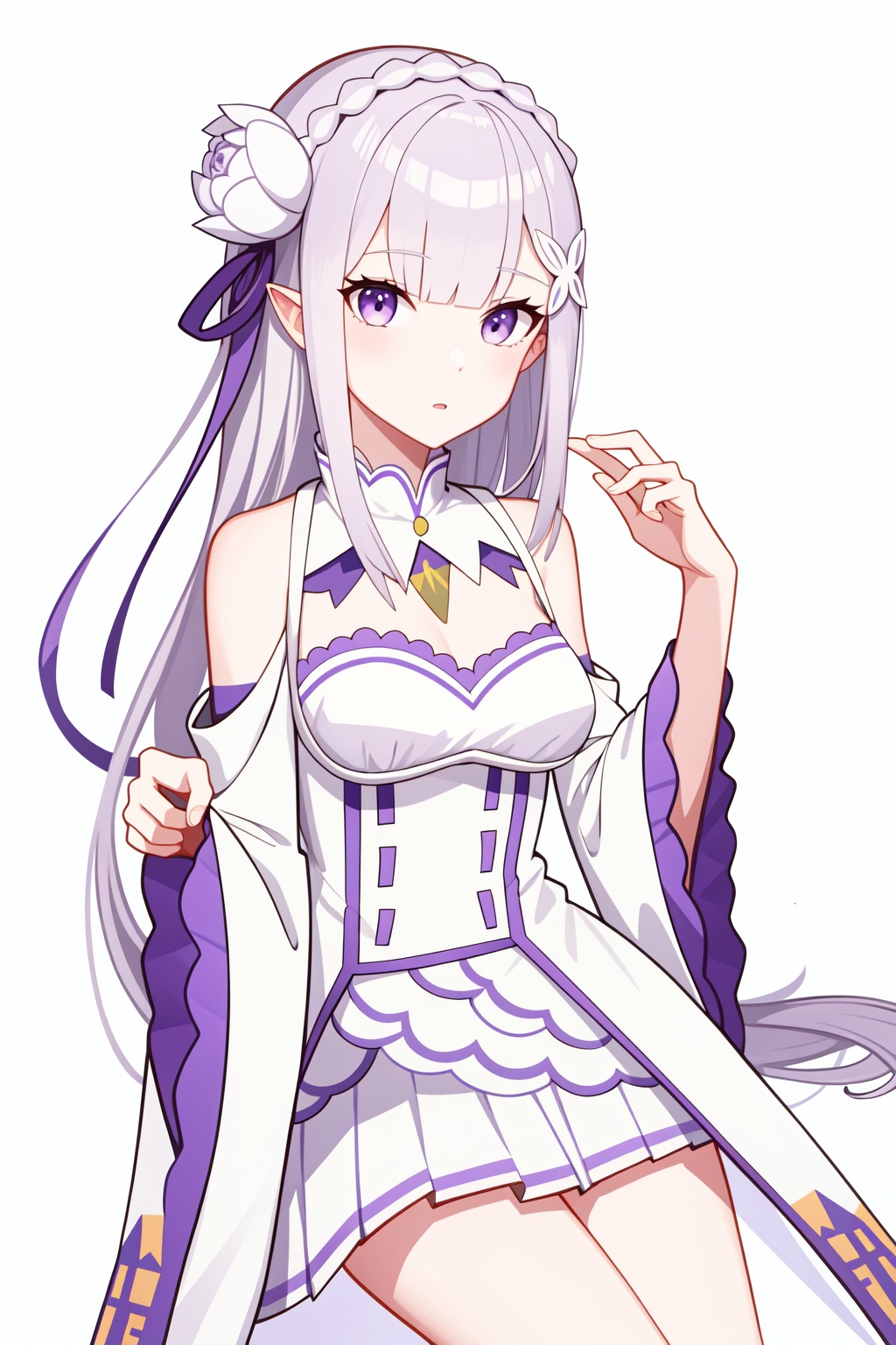<lora:爱蜜莉雅:1>,a girl named emiliare0,emiliare0,1girl,white flower,purple ribbon,detached sleeves,wide sleeves,pleated skirt,white dress,, (masterpiece,best quality,high quality:1.4),absurdres,