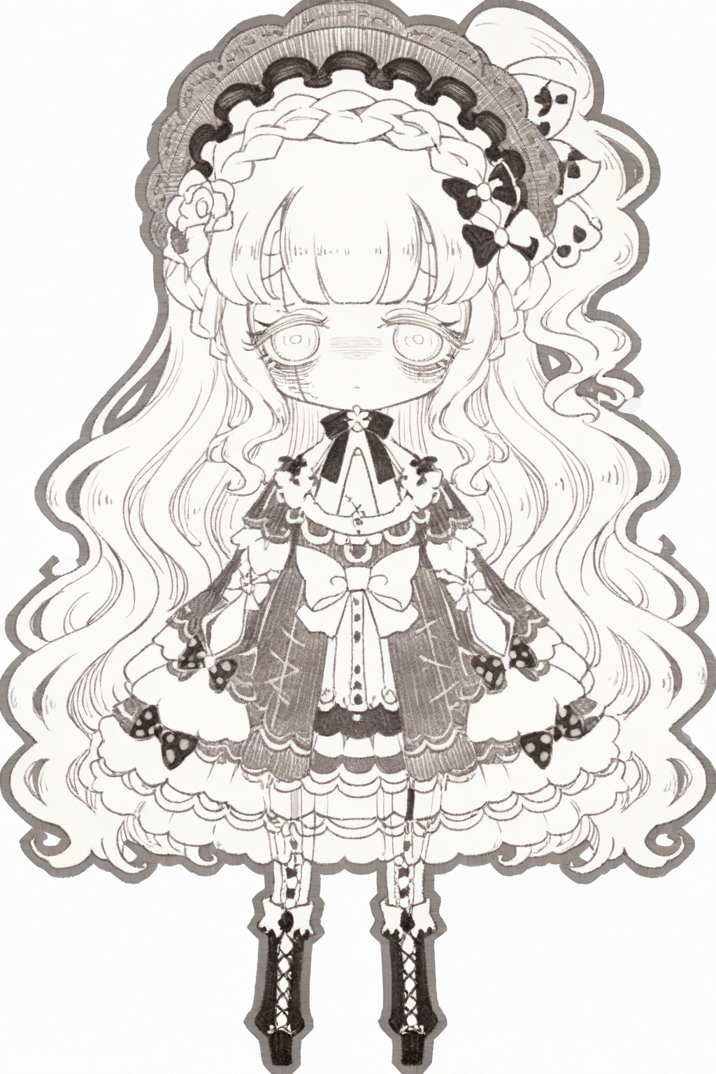 1girl,solo,long hair,looking at viewer,long sleeves,hair ornament,dress,thighhighs,bow,very long hair,standing,full body,monochrome,braid,hair bow,greyscale,frills,boots,chibi,wavy hair,garter straps,lolita fashion,bags under eyes,gothic lolita,<lora:mnsp Texture2D:1>,