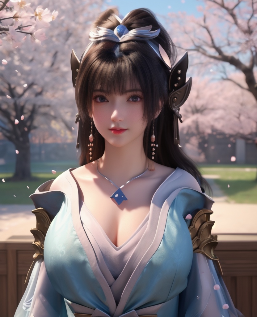 <lora:568-DA-星辰变-姜妍:0.8>(,1girl, ,best quality, ),looking at viewer,  ultra detailed background,ultra realistic 8k cg,ultra detailed 8k cg,masterpiece,upper body,  (( , )),, ,science fiction,mole, ultra realistic 8k cg, ,    ,outdoors, sun,sunlight, cherry blossoms,      (cleavage), (),