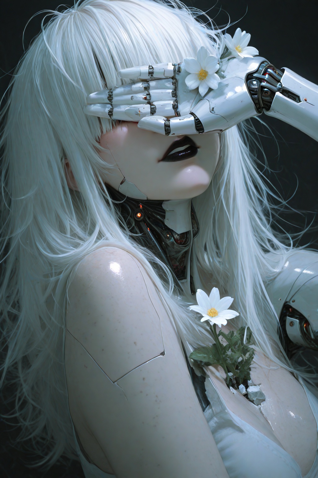 1woman,masterpiece,newest,absurdres,incredibly absurdres,best quality,amazing quality,very aesthetic,realistic,flowers,cyborg,wires,broken,white hair,messy hair,hair covering eyes,hair over eyes,blunt bangs,black lipstick,robot,
