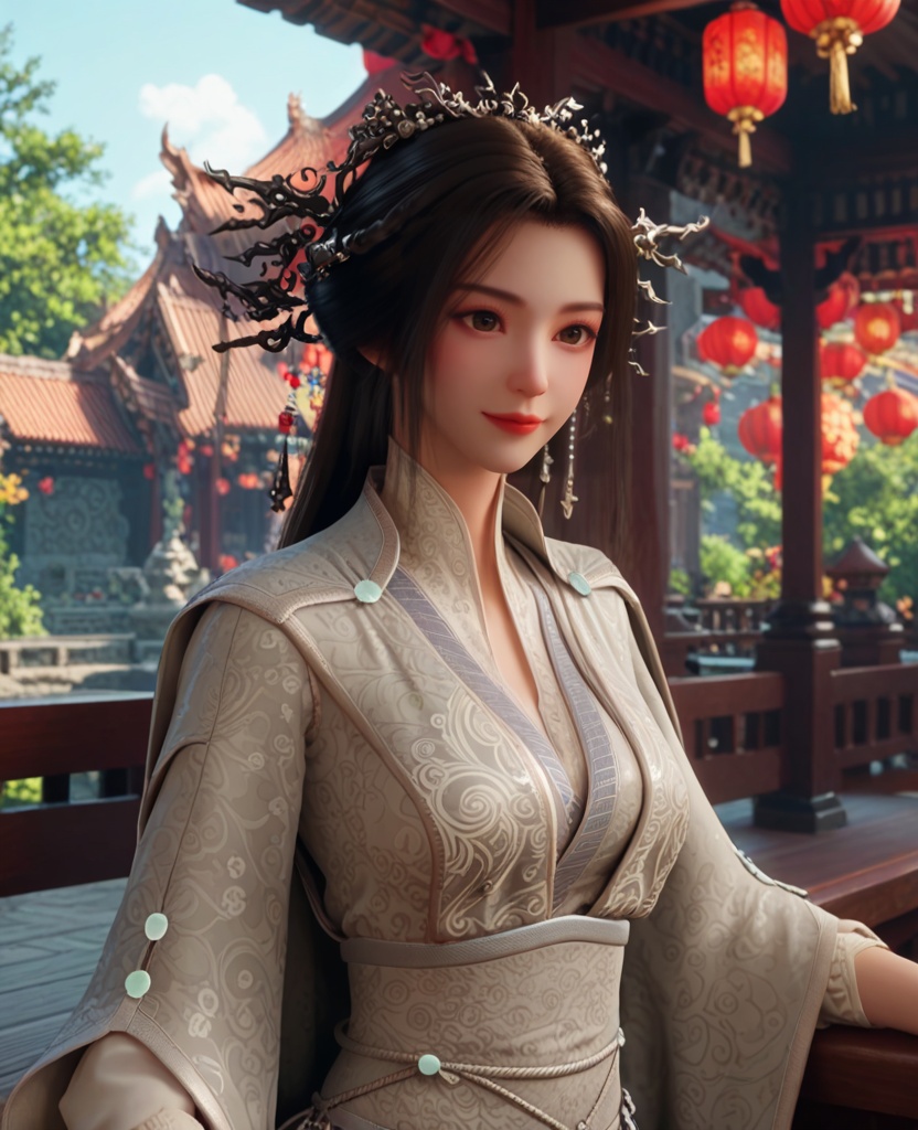 (oriental architecture, elegant decor, sophisticated style:1.1),(Sitting on a bench with legs crossed, smiling at the camera,:1.1),(breasts:1.2),<lora:XL修罗武神苏柔:0.95>,miss surou,chinese clothes,cape,sash,long sleeves,hair bun,brown eyes,black hair,long hair,hair ornament,jewelry,tassel,, score_9,score_8_up,score_7_up,score_6_up,score_5_up,score_4_up,3d rendering,tag1,tag2, Cinematic Lighting,backlighting,