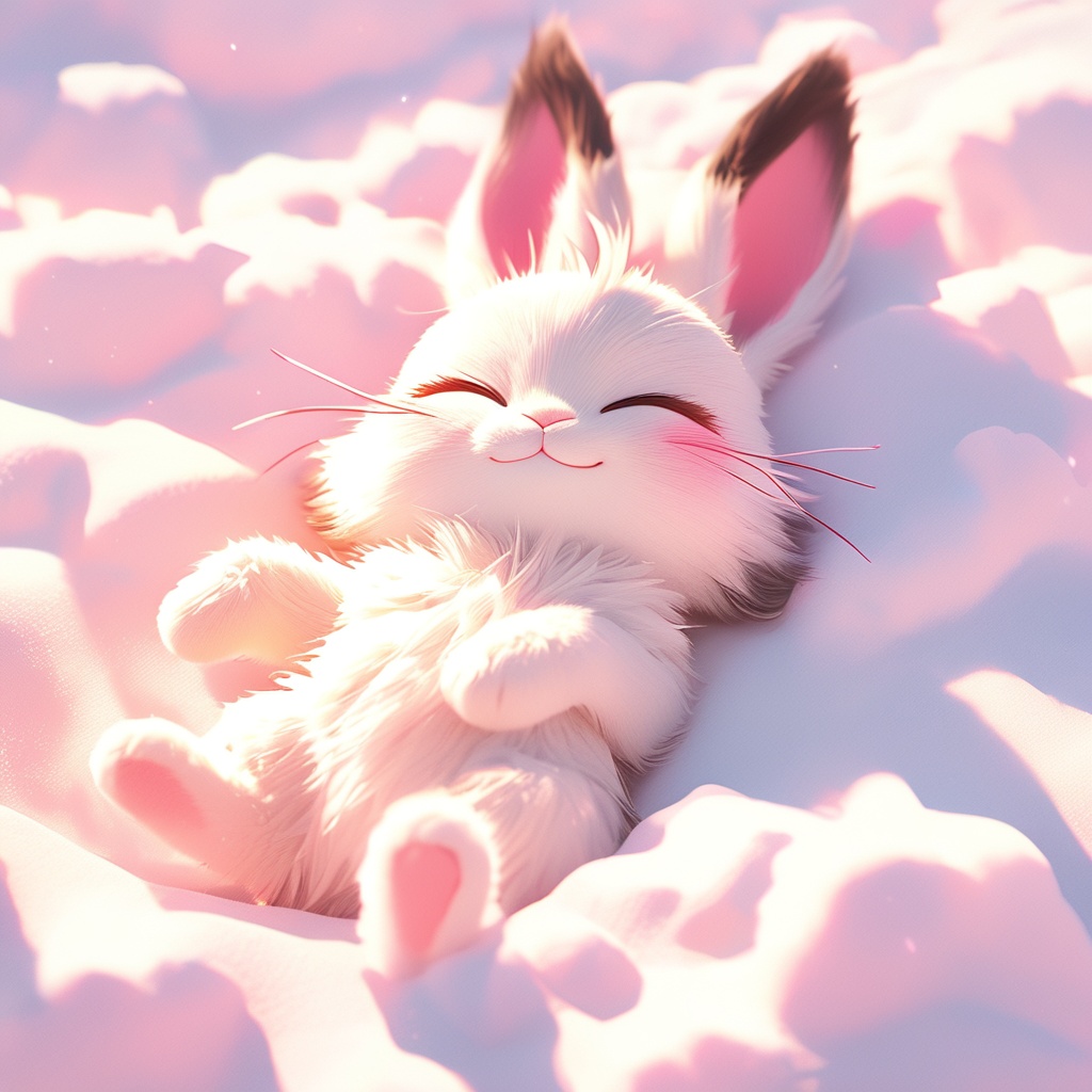 maotu, rabbit, rabbit focus, soft lighting, white fur, whimsy and dramatic lighting, warm colors, mf-movie-filter, cc-color-correction, cute, whiskers, :3, ^ ^, light particles, sunlight, no humans, closed eyes, lying, solo, fluffy, on back, closed mouth, simple background, facing viewer, sky, cloud, smile, outdoors, cat, white background, snow, full body<lora:maotu_xl_v1:0.8>,
