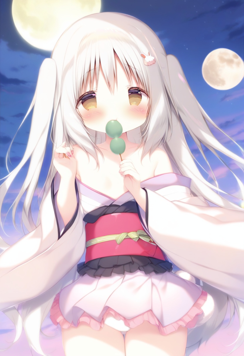 loli, 1girl, (shiratama (shiratamaco)),1girl, white kimono, kimono, full moon, solo, japanese clothes, moon, rabbit ears, night, animal ears, sky, food, off shoulder, holding food, night sky, wide sleeves, long hair, wagashi, holding, very long hair, blush, outdoors, hair between eyes, bangs, long sleeves, brown eyes, mochi, bare shoulders, cloud, eating, looking at viewer, dango, rabbit tail, obi, hands up, white hair, breasts, sash, white socks, <lora:baiyu-000016:1>, masterpiece, best quality