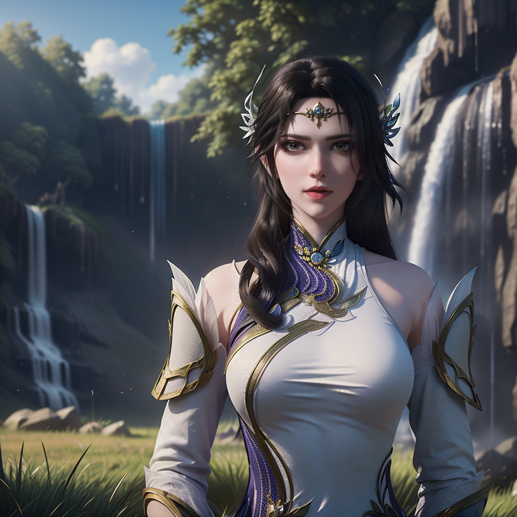 1girl,solo,closed mouth,(hair ornament),forehead jewelry,china dress,looking at viewer,outdoors,((grass)),((nature,plant,waterfall:1.2)),sky,cloud,((sunlight)),((glowing)),blurry background,depth of field,((upper body)),3d,game cg,Highly detailed,(best quality:1.5,masterpiece:1.5),<lora:20250113-1736790602743-000010:0.85>,xuanyi,
