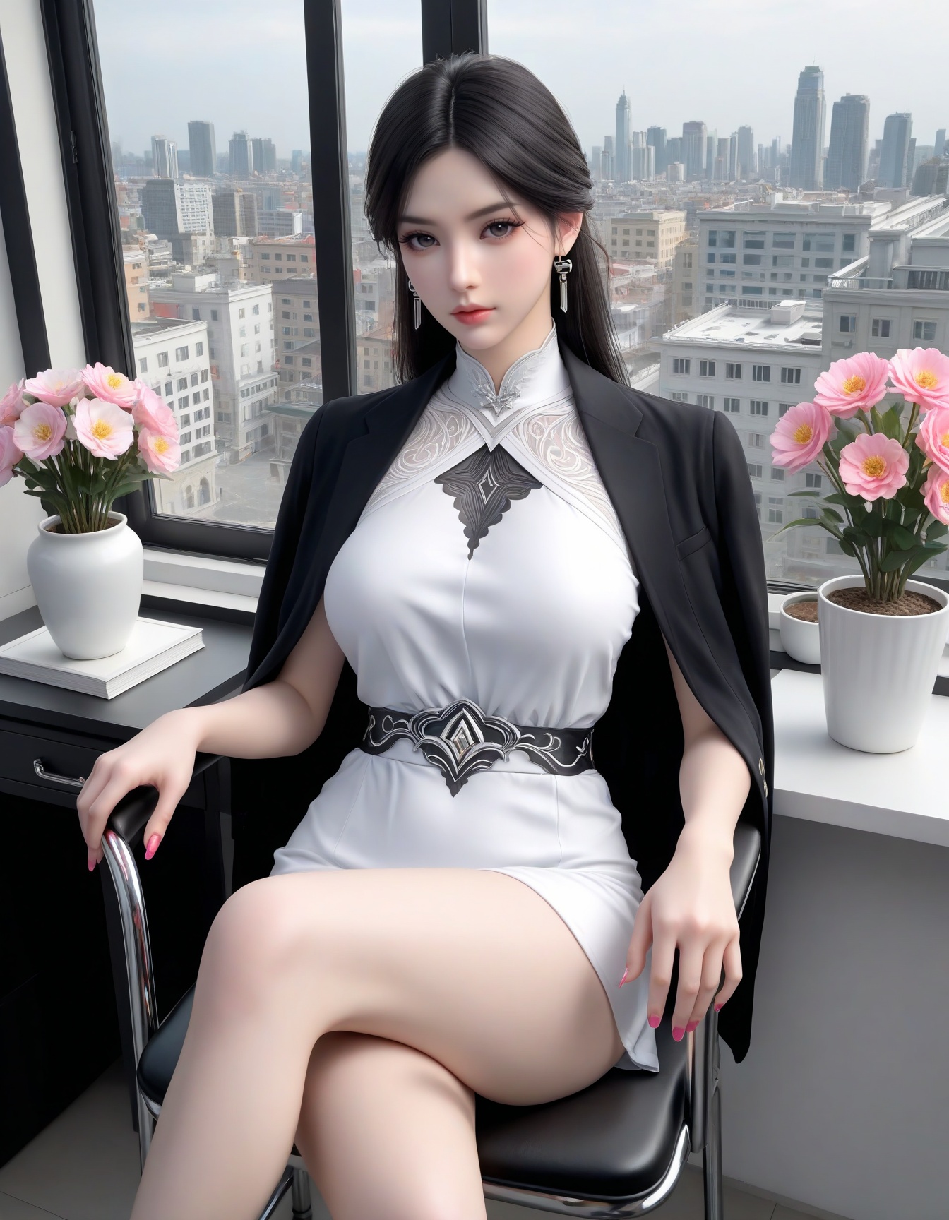masterpiece,ultra-HD,photorealistic,high detail,best quality,8k,best quality,sharp focus,1girl,SFXuanYi,breasts,large breasts,looking at viewer,lipstick,white dress,black hair,open jacket,makeup,eyelashes,pink nails,solo,full shot,cowboy shot,chair,sitting,window,indoors,cross legs,flower flower pot,city,<lora:SF_ZhaoQingHan_IL_Real_v50-000004:0.7>,