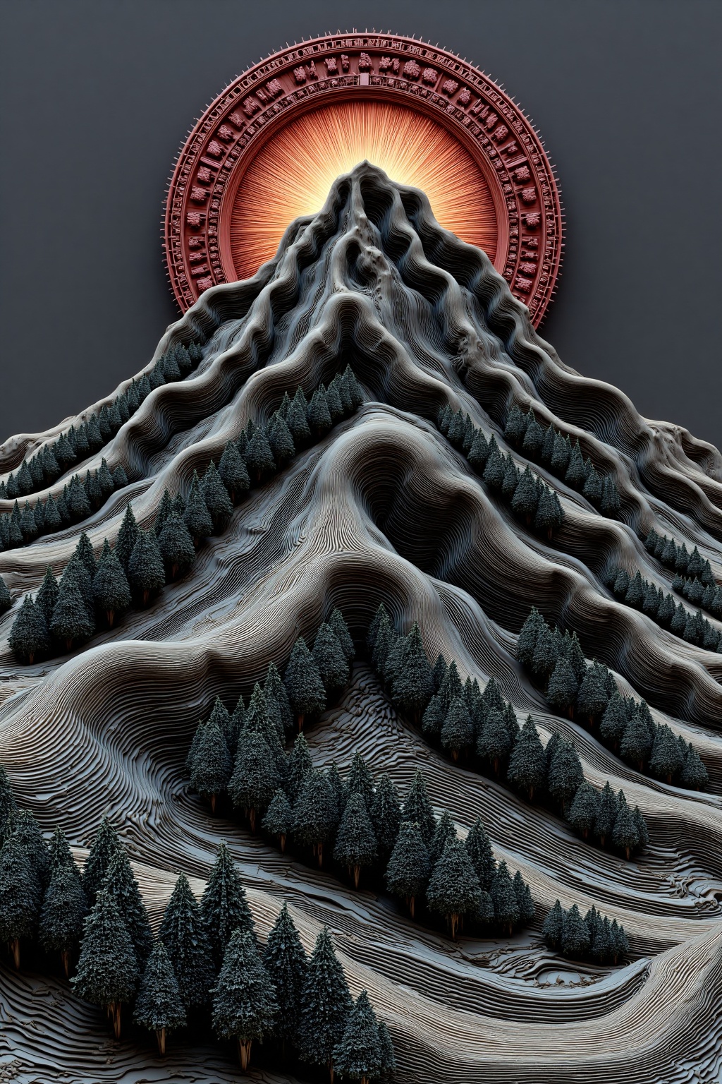 beijihui,a 3D rendering of a mountain is depicted. The mountain is made up of thin,wavy lines that create a striking contrast to the dark gray background. At the top of the mountain,a circular archway is visible,adding a touch of depth to the image. The archway,a vibrant shade of red,is encircled by a series of dark green trees. The trees are arranged in a way that creates a sense of depth and dimension.,