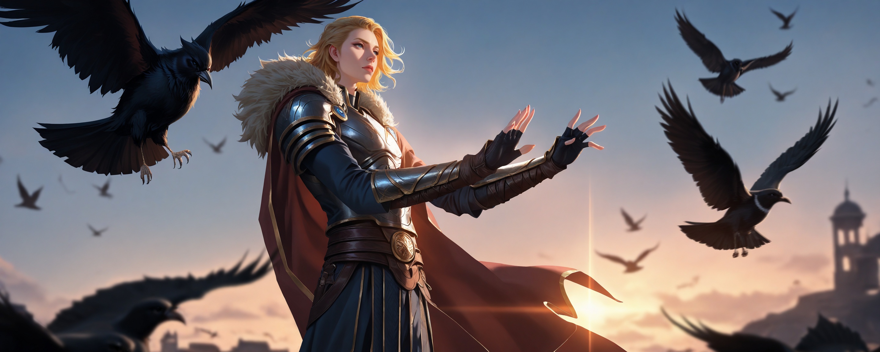 extremely detailed CG,masterpiece,best quality,detailed,highres,newest,recent,dramatic lighting,chiaroscuro,ray tracing,high detailed eyes,perfect eyes,depth of field,dynamic fuzzy,masterpiece,absurdres,incredibly absurdres,best quality,smooth skin,delicate hands,perfect proportions,masterpiece quality,8k,sharp focus,clean composition,no clutter,aesthetic pose,contour_deepening:0.2,MLiang zsjjc,1boy,male focus,blue eyes,blonde hair,solo,gloves,armor,cape,sky,fur trim,bird,fingerless gloves,<lora:20250420-1745125512637:0.4>,<lora:lighting_sliderv1:-0.3>,<lora:绪儿厚涂构图光影质感增强V3:0.2>,