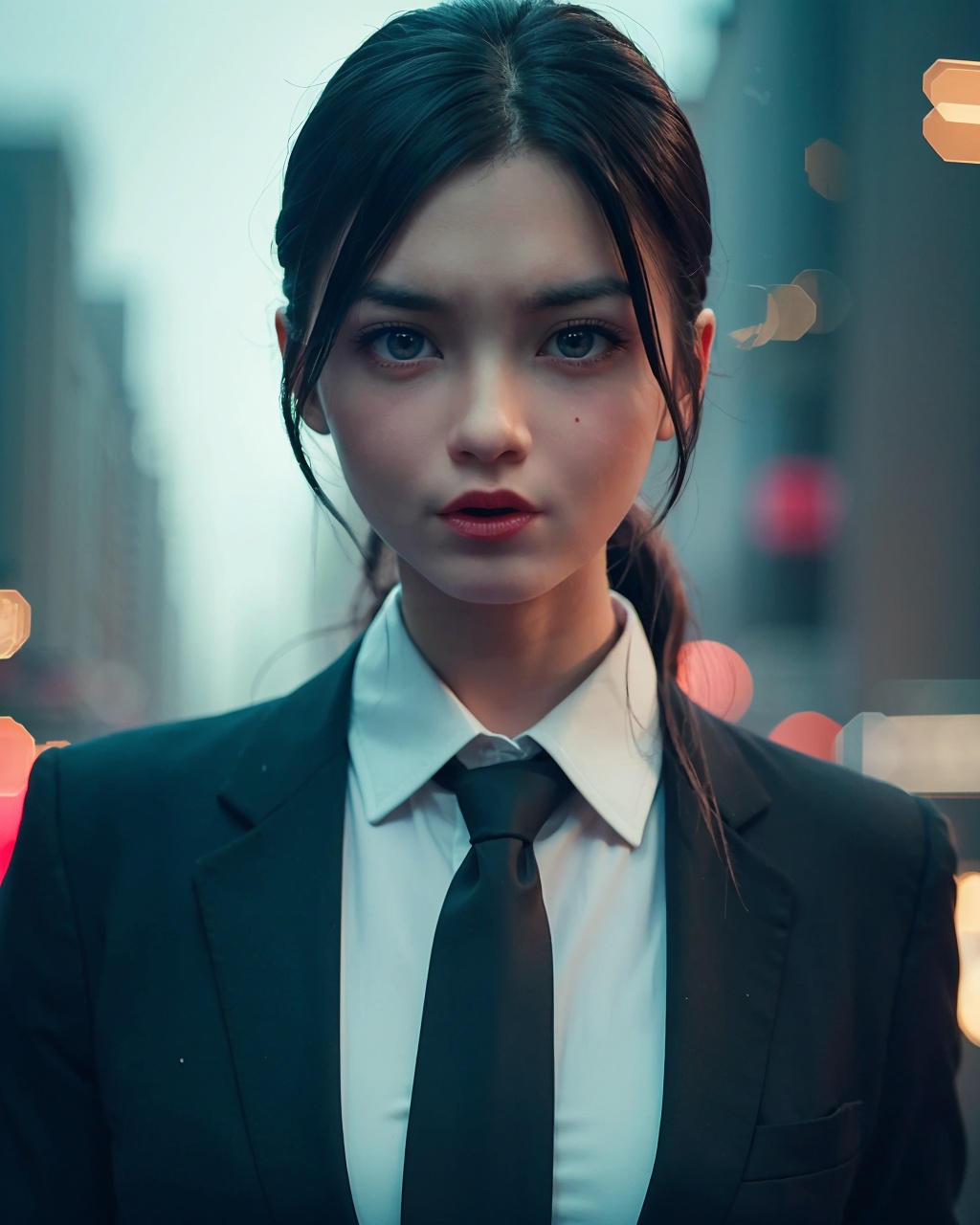 1girl,solo,black wavy long hair,makeup,lipstick,closed mouth,black suit coat,necktie,looking at viewer,outdoors,cityscape,rain,dark,realistic,(blurry background),depth of field,(perfect skin:1.4,shiny skin,skin gloss),Highly detailed,(ultra-detailed),(best quality:1.5,masterpiece:1.5),<lora:qingcheng:0.9>,<lora:xiaoyixian:0.4>,