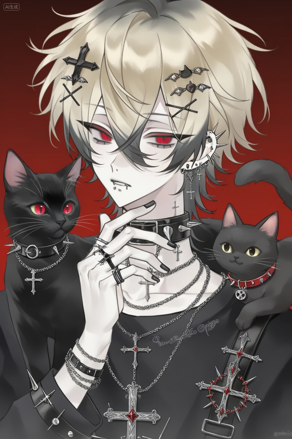 solo,, short hair,, blonde hair,, black hair,, hair ornament,, red eyes,, 1boy,, hair between eyes,, jewelry,, male focus,, multicolored hair,, earrings,, necklace,, collar,, piercing,, cat,, ring,, cross,, x hair ornament,, ear piercing,, black nails,, spikes,, black cat,, spiked collar,, Negative prompt: ng_deepnegative_v1_75t,badhandv4,EasyNegative,worst quality,,nsfw, Steps: 29, Sampler: Euler a, CFG scale: 7.0, Seed: 1026600941, Size: 1024x1536, Model hash: e645ee1569, Model: Anime Model-Illustrious_v1.00.safetensors, Denoising strength: 0.0, RNG: CPU, Lora 1: 【ELK】*Sun, Lora Hash 1: 5c8dccd8c7, Lora Weight 1: 0.8, vae_name: automatic