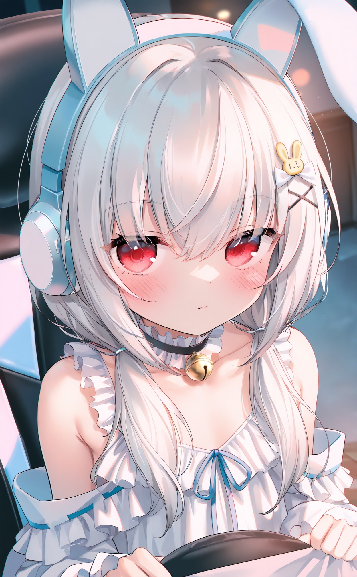 masterpiece,very aware,highres,absurdres,newest,best quality,loli,petite,high quality,chromatic_aberration,cinematic_angle,dutch angle,Light Blue Theme,//,1girl, swivel_chair, headphones, solo, fake_animal_ears, animal_ear_headphones, red_eyes, animal_ears, office_chair, rabbit_hair_ornament, twintails, long_hair, gaming_chair, hair_ornament, bell, on_chair, blush, low_twintails, chair, looking_at_viewer, white_hair, frills, hairclip, closed_mouth, sitting, x_hair_ornament, hair_bow, bow, neck_bell, rabbit_ears, collarbone, indoors, jingle_bell, white_dress, bare_shoulders, sleeveless, hair_over_shoulder, choker, upper_body, white_bow, hair_between_eyes, frilled_choker, off_shoulder, monitor, grey_hair, white_camisole, armchair//,//,official art,depth of field,detailed light,blurry background,best shadow,shiny skin,cinematic lighting,ray tracing,amazing quality,very aesthetic,absurdres,beast quality,ultra detailed,newest,8K,HDR,//,<lora:guizhencao——【noob】hans:0.88>,