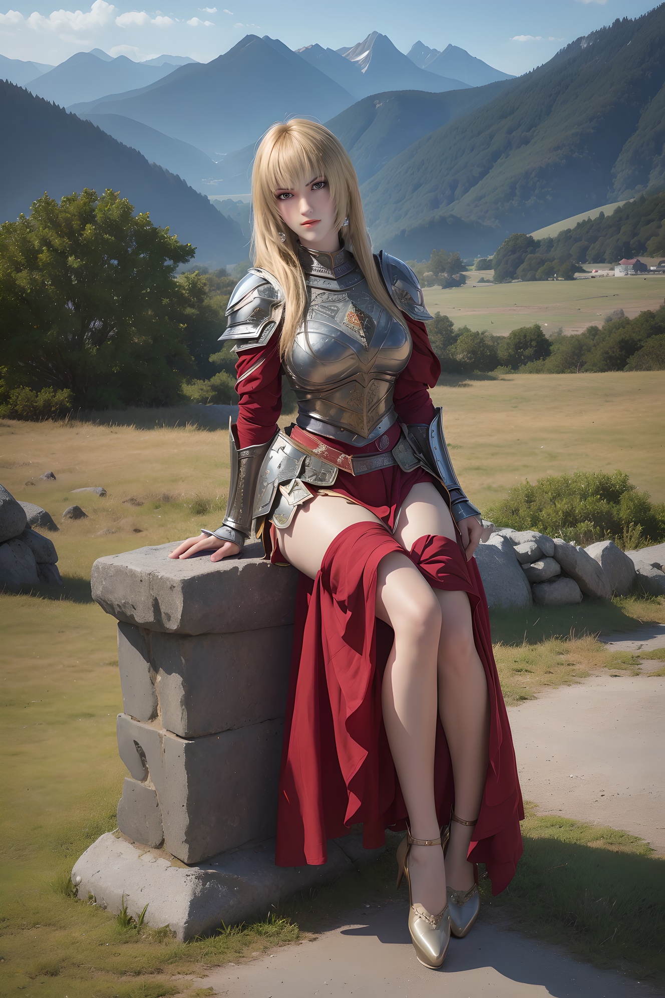 1girl, mountain, grass, armor, sitting, rock, solo, lake, blonde_hair, long_hair, day, mountainous_horizon, looking_at_viewer, landscape, nature, bush, scenery, outdoors, sky, river
