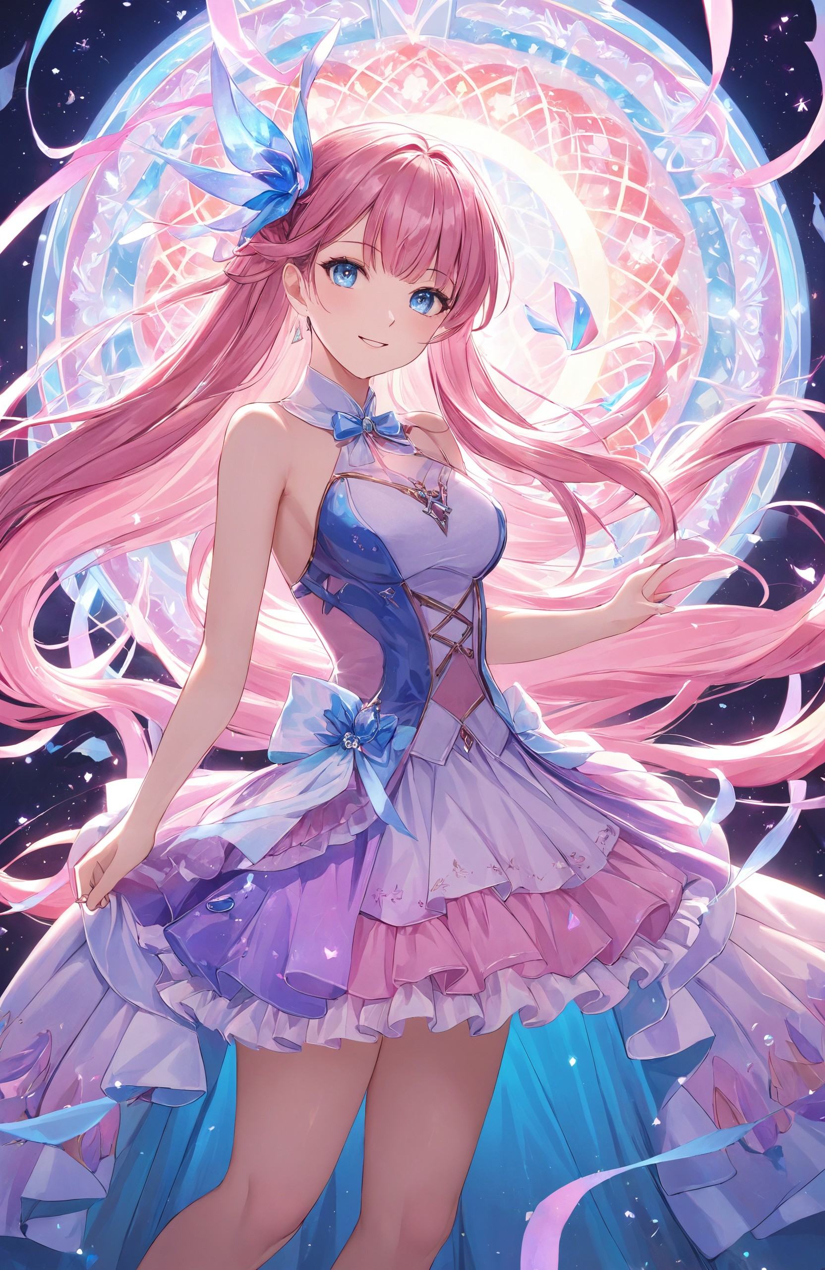 A playful scene where a girl with pink and blue hair stands surrounded by swirling ribbons of light. Her attire is a blend of modern and fantasy elements, with intricate details that make her look both fierce and magical. The background is a blend of soft pastels and vibrant hues, creating a dreamlike atmosphere.