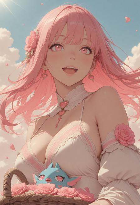 masterpiece, detailed_eyes, high_quality, best_quality, highres, absurdres, 8k, subject_focus, depth_of_field, 1Girl, close-up, solo, cute, stunningly beautiful anime girl holds a colorful flower basket and joyfully scattering flowers in the sky.Up pinned pink hair and bright pink eyes - sweet and energetic like an idol.Wears gorgeous, flowing party dresses that flutter in the wind and create dynamic movement.The background is a clear blue sky with soft clouds, bathed in warm sunlight that emphasises their soft skin and flowing hair.A cinematic angle from slightly below, emphasising the grandeur and solemnity of the sky.Countless petals scatter in the air, creating a festive, heart-warming atmosphere. open mouth, happy,