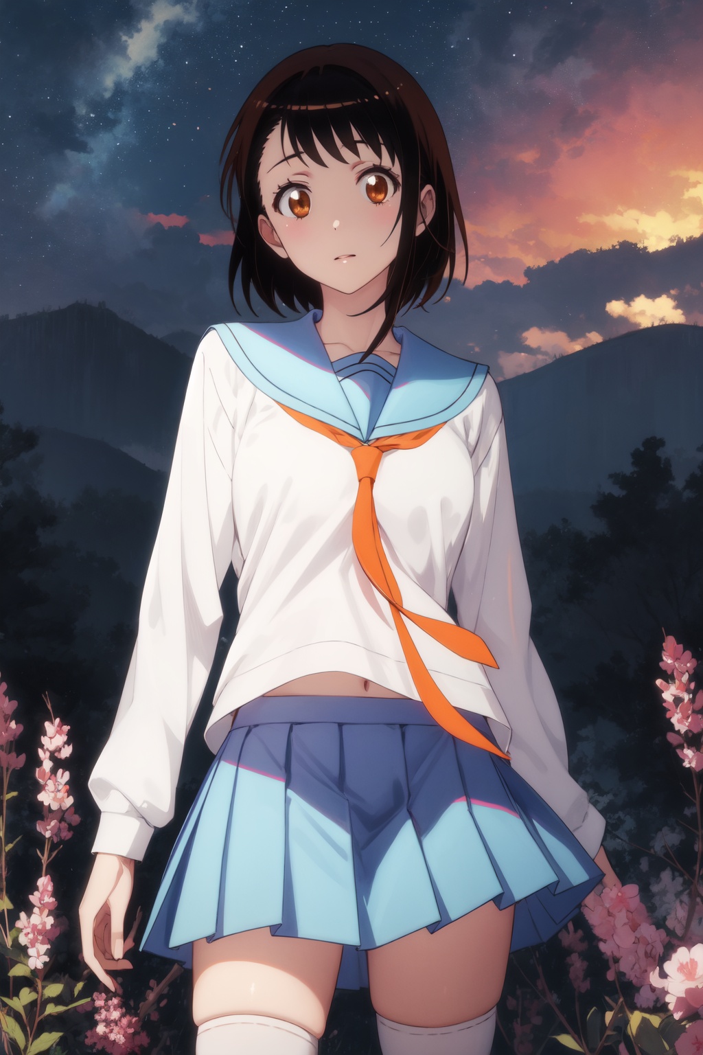 <lora:Kosaki-000013:0.8>,Kosaki CYQL,1girl,looking at viewer,solo,brown hair,short hair,asymmetrical hair,brown eyes,school uniform,serafuku,skirt,blue skirt,zettai ryouiki,female_orgasm,panorama,Lavender, Hills, Purple blooms, Fragrance, Bees, Farmhouse, Sunset,(Winter garden, Snow-covered landscape, Frosty blooms, Snowflakes, Winter wonderland, English charm:0.5),beautiful detailed sky,beautiful detailed glow,posing in front of a colorful and dynamic background,masterpiece,best quality,beautiful and aesthetic,contrapposto,female focus,wallpaper,