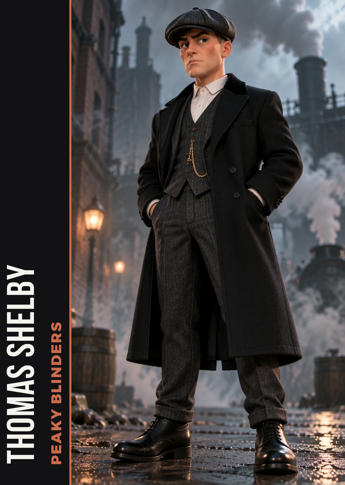 realfig,  Thomas Shelby from Peaky Blinders in a flat cap and a long overcoat,  full body on Tensor.Art
