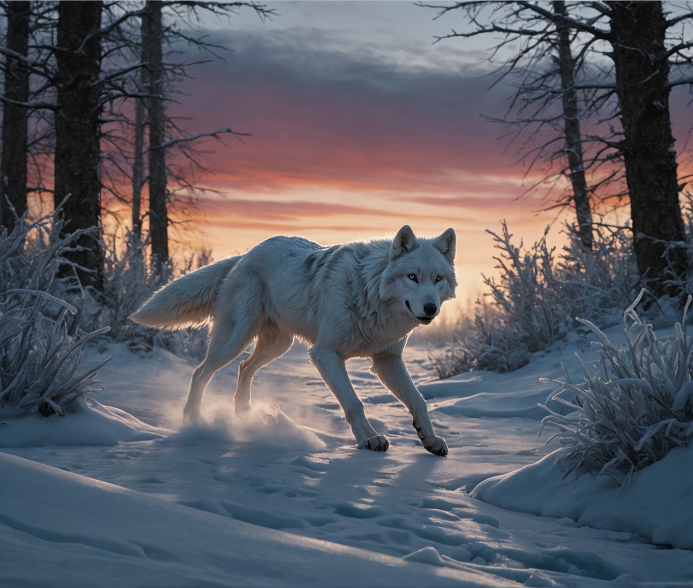 nature shot with wide shot an icy artic tundra,  artic-wolf running through a snowdrift,  hunting on Tensor.Art