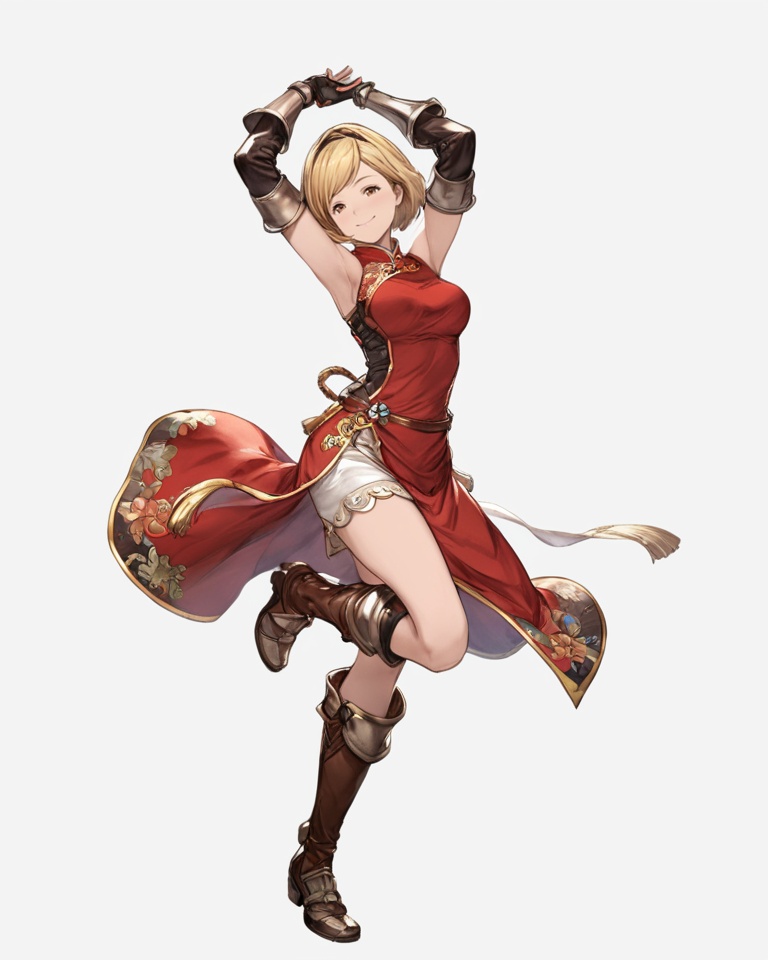 (best quality), ((masterpiece)), (highres), illustration, original, extremely detailed, <lora:JTのGame Character XL:0.7>1girl, djeeta \(granblue fantasy\), solo, dress, blonde hair, chinese clothes, china dress, gloves, white background, fingerless gloves, brown eyes, armor, standing on one leg, full body, red dress, armpits, short hair, smile, simple background, arm up, standing, black gloves, leg up