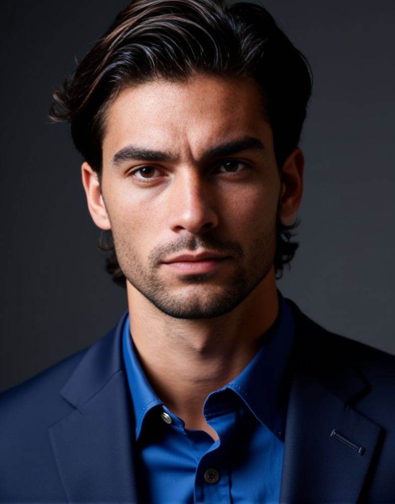 Ferran Torres ,  masterpiece. best quality .extreme detailed. An iphone photo. male. ( wearing navy suit. blue shirt . loo...