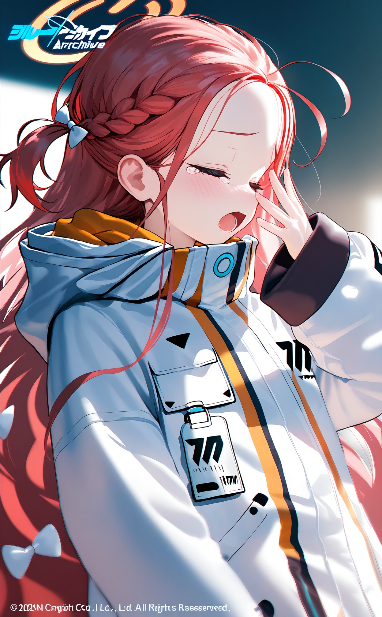 masterpiece,highres,absurdres,newest,best quality,high quality,loli,petite,chromatic_aberration,//,1girl,yuzu_\(blue_archive\),solo,red_hair,long_hair,jacket,open_mouth,yawning,closed_eyes,white_jacket,braid,forehead,blush,long_sleeves,tears,upper_body,one_side_up,copyright_notice,copyright_name,company_name,//,<lora:MAQ1118——【noob】hans:1>,