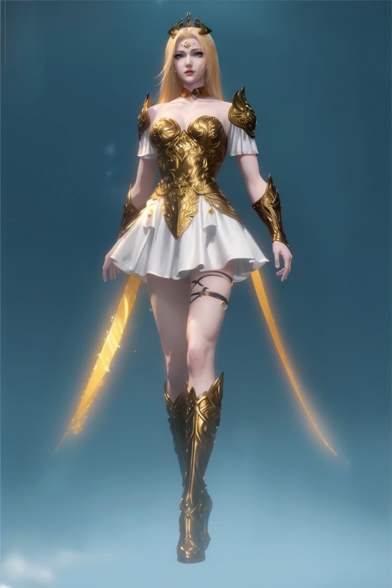 ((HRD, HUD, 8K)),((masterpiece, best quality)), highly detailed, soft light,1girl, solo, blonde hair, long hair, forehead mark, facial mark, blue eyes, lips, chokerarmor, bare shoulders, dress, skirt, high heels, simple background, grey background, full body, long legs, standing, looking at viewer,  <lora:武庚纪神族天使圣王_v1.0:0.72>