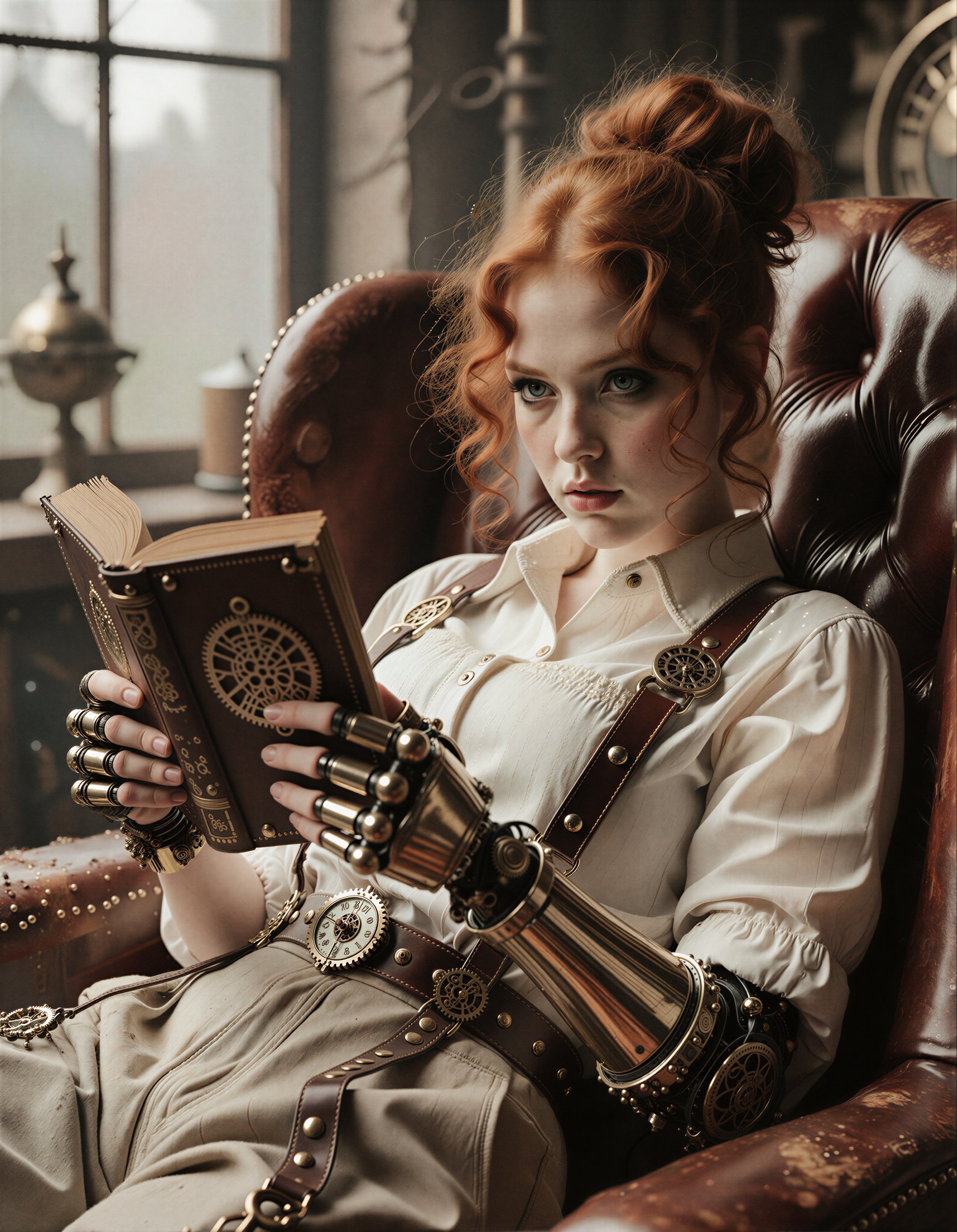 A steampunk woman,  a 25 year beautiful auburn hair old caucasian woman with fair skin,  auburn curly hair (usually tied i...