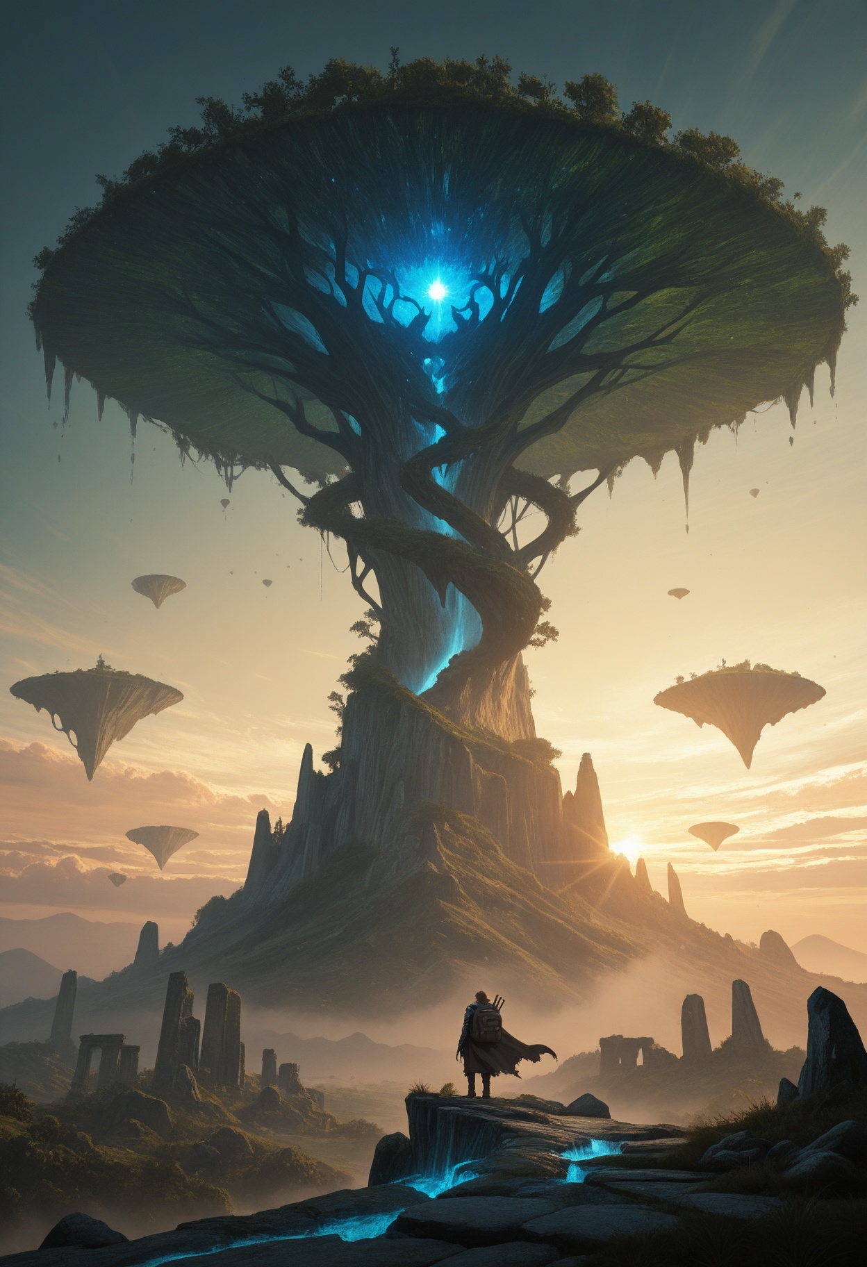 a lone adventurer standing on a high cliff overlooking a vast fantasy world,  weathered leather armor with intricate metal...