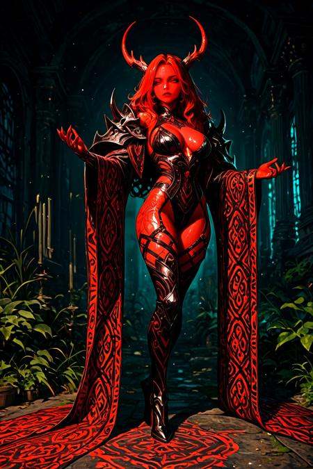 (masterpiece, best quality, high resolution, absurdres, newest,very aesthetic, amazing quality,impressionism style,Fabulous artwork,Volumetric image,),Dark fantasy demoness with white and red hair,red skin and horns,Wearing red and black armor with intricate patterns,detailed character design,dramatic lighting and intense expression,full body shot,