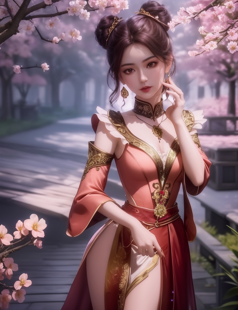 ultra realistic 8k cg, picture-perfect face, flawless, clean, masterpiece, professional artwork, famous artwork, cinematic lighting, cinematic bloom, perfect face, beautiful face, fantasy, dreamlike, unreal, science fiction,  beautiful clothes, lace, lace trim, lace-trimmed legwear,  (rich:1.4), prestige, luxury, jewelry, diamond, gold, pearl, gem, sapphire, ruby, emerald, intricate detail, delicate pattern, charming, alluring, seductive, erotic, enchanting, hair ornament, necklace, earrings, bracelet, armlet,halo((,1girl, pov,))(((,peach blossom, branch, 1girl, tree, spring_\(season\), solo, petals, black_hair, japanese_clothes,looking at viewer, )))    <lora:DA_MaXiaoTao:0.6>