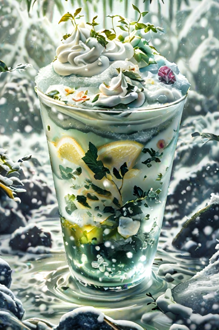 parameters: "(Masterpiece, Boutique, Boutique, Official Art, Beauty, Aesthetics:1.2),Ice and Snow Wrap Paper Cup,Water Wrap Paper Cup,Milky white transparent water,Chinese three-dimensional fruit painting,a variety of fruits,Ice and Snow Theme,Surrealist Fantasy Style,Cream Organic Liquid,Ray Tracing,Foreground Occlusion,Natural Light,Jungle,C4,