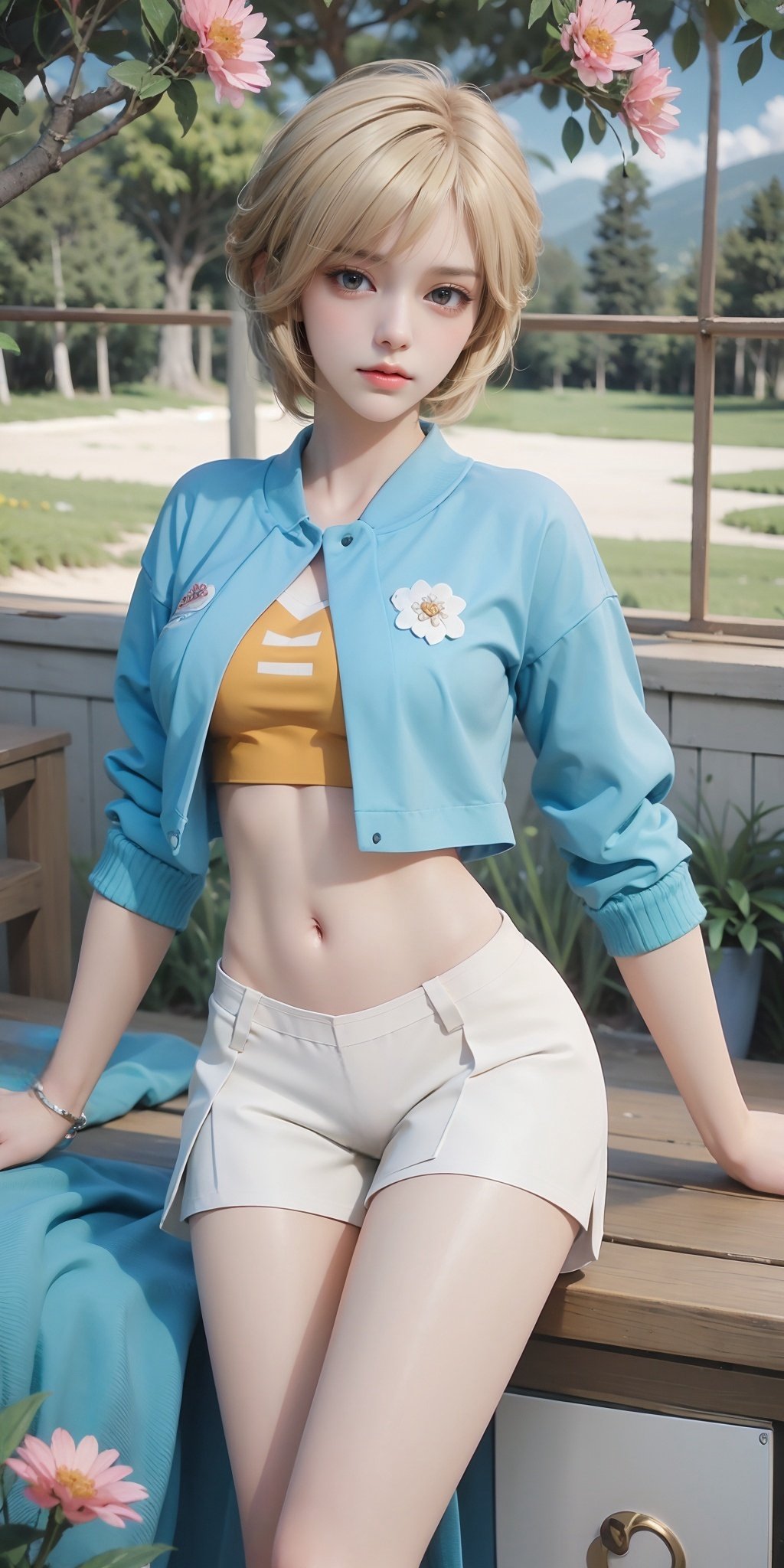 <lora:JXM_20240206203658-000006:0.75>,JXM,1girl,solo,blonde hair,navel,blue eyes,midriff,crop top,white shorts,long sleeves,slippers,looking at viewer,shirt,blue shirt,sportswear,jacket,roller skates,socks,short shorts,animal slippers,outdoors,scenery,flower,tree,sky,cloud,day,grass,field,pink flower,blue sky,nature,cloudy sky,white flower,landscape,yellow flower,mountainous horizon,<lora:MHB:0.2>,, (raw photo:1.2),((photorealistic:1.4))best quality,masterpiece,illustration,an extremely delicate and beautiful,extremely detailed,CG,unity,8k wallpaper,Amazing,finely detail,masterpiece,best quality,official art,extremely detailed CG unity 8k wallpaper,absurdres,incredibly absurdres,huge filesize,ultra-detailed,highres,extremely detailed,beautiful detailed girl,cinematic lighting,1girl,pale skin,tall female,(perfect body shape),skinny body,Slender legs,, pale skin,tall man,long legs,thin leg,