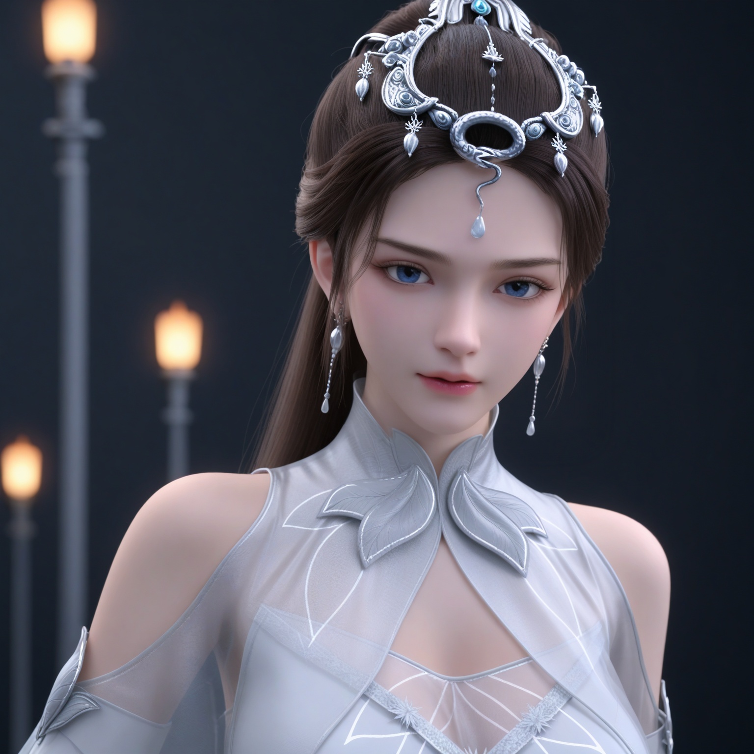 (upper_body:1.1),(huge breasts:0.9),78.<lora:YQponyguxiaosangV2:0.8>,(q1528437228:1.3),1girl,solo,dress,long_hair,white_dress,hair_ornament,jewelry,earrings,black_hair,clothing_cutout,brown_hair,blue_eyes,tiara,ponytail,shoulder_cutout,bare_shoulders,hair_bun,boots,see-through,cape,facial_mark,,blush,(looking_at_viewer:1.1),BREAKintricate details,shiny_skin,solo focus,(blurry background:1.1),(depth of field:1.1),perfect_anatomy,(cinematic lighting:0.9),(volumetric lighting:0.9),(simple background,pure black background,black background:1.1),