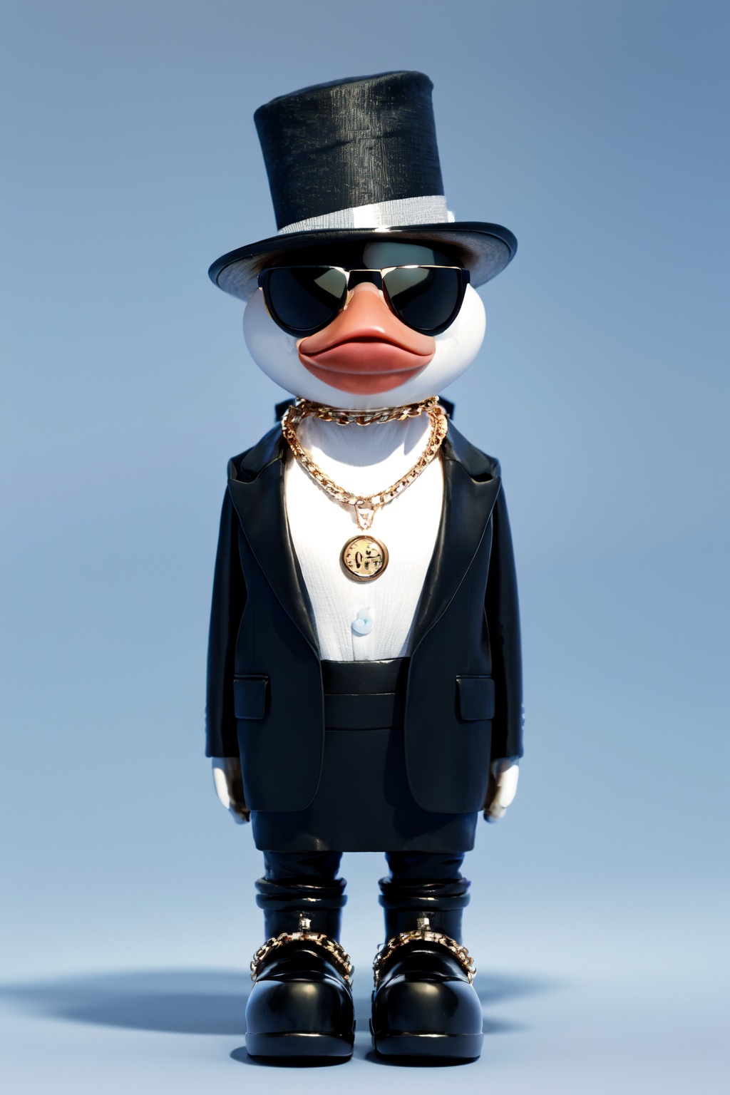 Best quality,masterpiece,ultra high res,yuan_3D_character,hat,sunglasses,solo,no humans,goose,anthro,chain,necklace,top hat,standing,jewelry,full body,simple background,lips,chain necklace,<lora:3D_character_v1.0:0.8>,