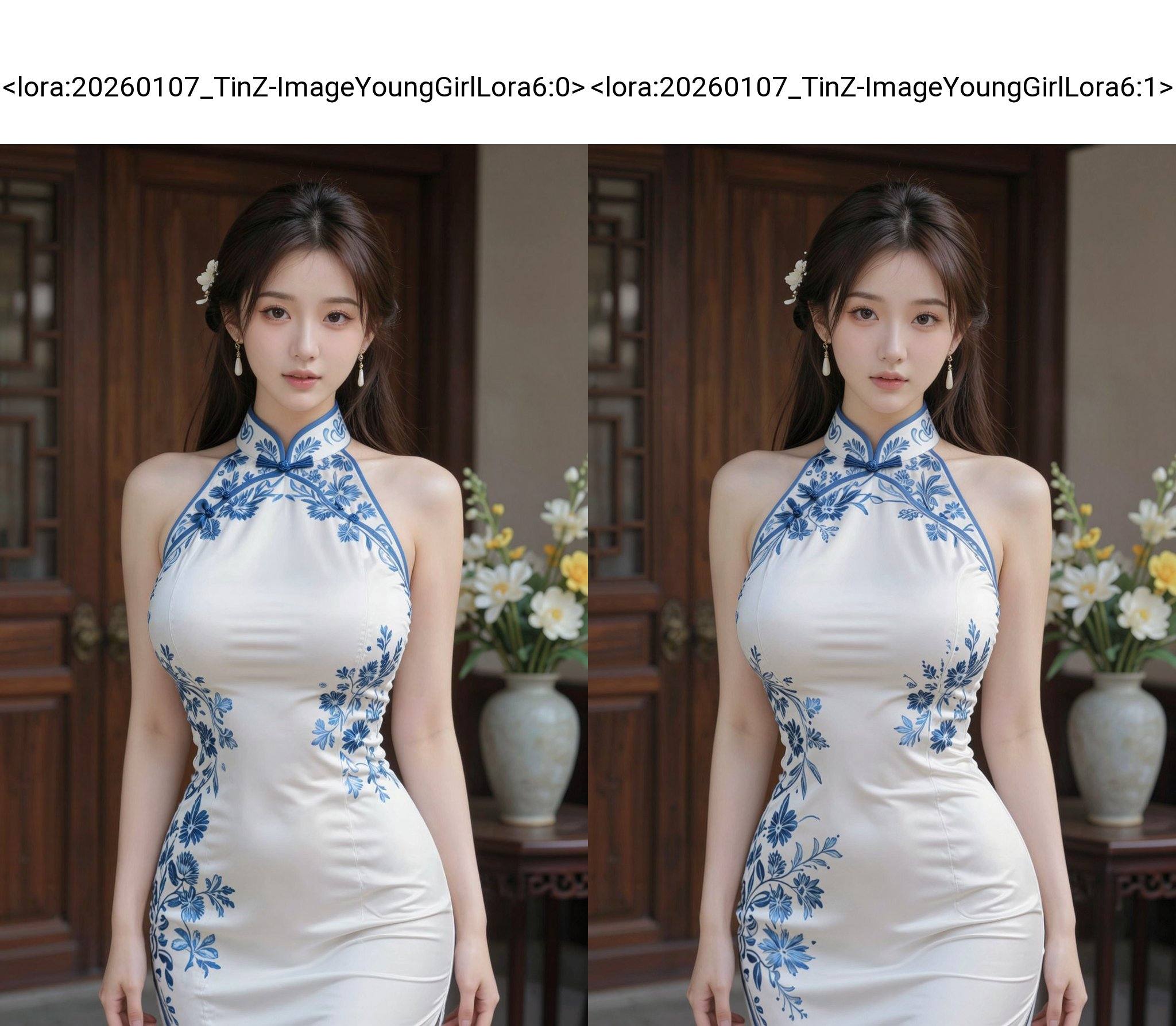 Photograph of a young East Asian woman with fair skin and delicate features, standing indoors. She has long, dark brown hair styled in a loose updo with a small flower accessory. She wears a sleeveless, high-collared, traditional Chinese cheongsam dress in white with blue floral embroidery. Her dress is fitted, accentuating her slender physique and small to medium-sized breasts. She has gold, dangling earrings. The background includes a wooden door and a vase with white and yellow flowers on a table to the right. The lighting is soft, highlighting her gentle expression and subtle makeup. The overall style is elegant and traditional., cheongsam, sleeveless cheongsam, sleeveless cheongsam dress, high collar cheongsam, qipao, halter-neck cheongsam dress, <lora:20260107_TinZ-ImageYoungGirlLora6:0>