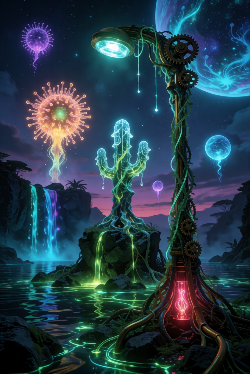 tic_biolum_jungle,  A cinematic fantasy illustration of a twilight zone landscape featuring multiple planets and sun-stars...
