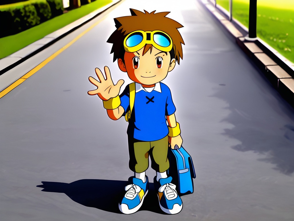 <lora:DT_Matsuda_Takato_XL:1>,digimon tamers,do not split pictures,best quality,best detail,masterpiece,street,male focus,elementary school bag,1boy,male_child,petite,short hair,brown hair,blue clothes,pants,goggles on head,fine eyebrow,reddish brown eyes,smile,standing,waving,socks,sneakers,perfect hands,(5fingers:1.3),correct anatomy,huge filesize,available light,mid_shot,photorealistic,