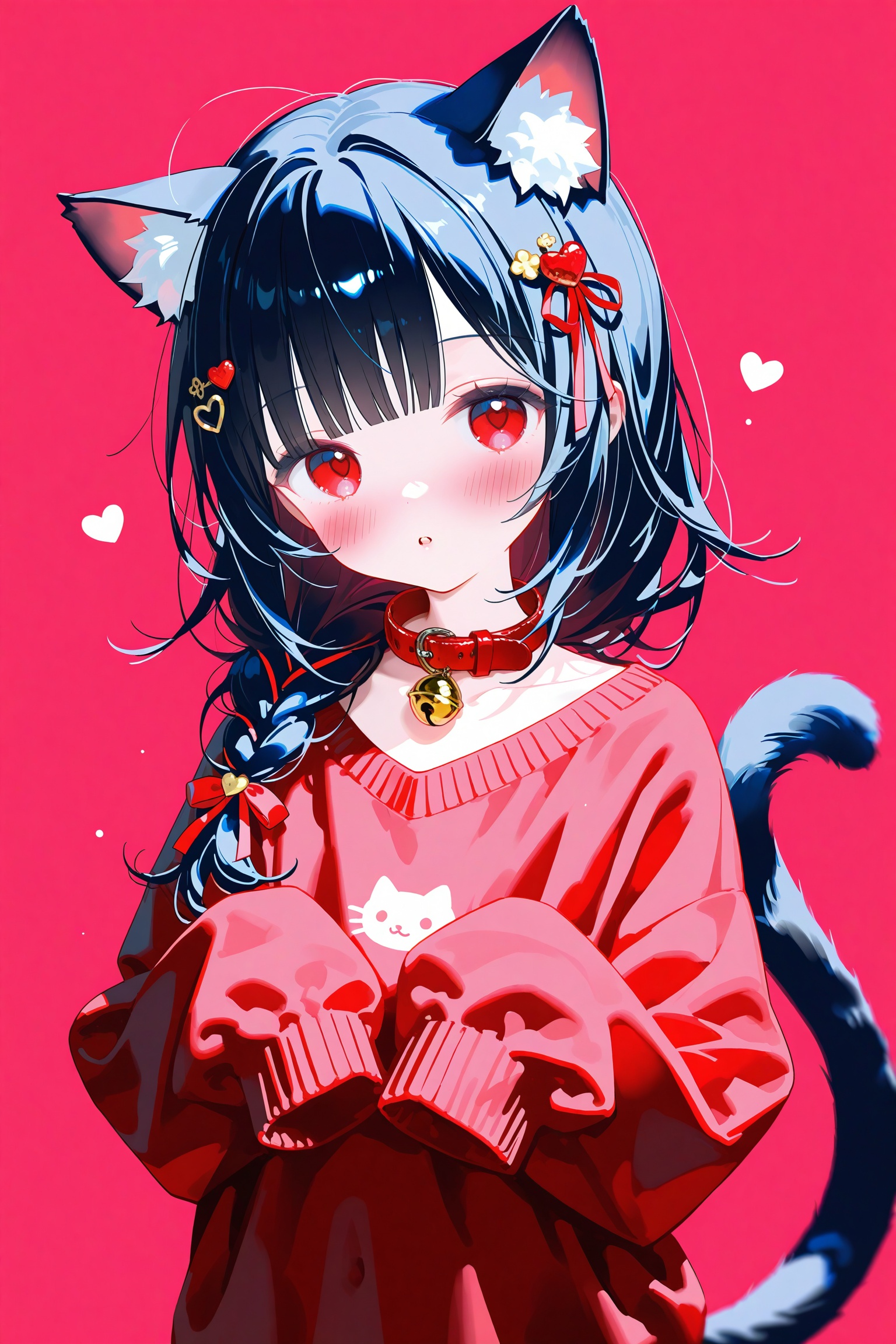 loli 1girl solo long hair looking at viewer blush bangs simple background black hair hair ornament red eyes ribbon animal ears tail hair ribbon upper body braid heart parted lips cat ears blunt bangs :o collar red ribbon cat tail animal ear fluff sleeves past wrists bell pink background cat girl jingle bell red background neck bell sleeves past fingers red collar Collarbone navel wearing a red sweater with a ruffled design good work (best quality) illustration depth of field (color) masterpiece best quality petite cute loli kawaii