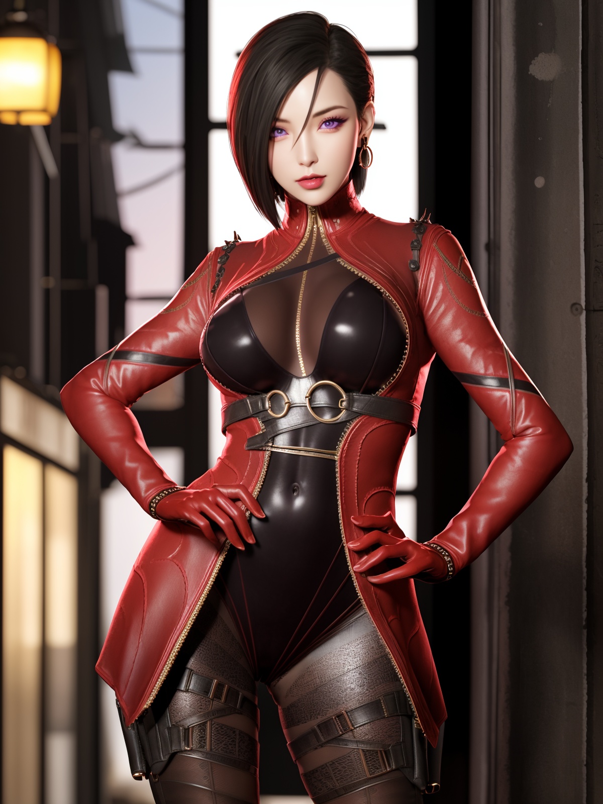 CFchuanshuonvdiQF, 1girl, solo, breasts,purple eyes, gloves, black hair, jewelry, short hair, looking at viewer, earrings, bodysuit, makeup, leotard, thigh boots, medium breasts, zipper, pantyhose, lips, leather, jacket, latex,thigh strap, <lora:CFchuanshuonvdiQF:0.75>,cityscape, night, hand on hip, 