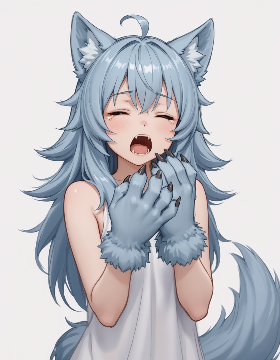 1girl,animal ears,solo,closed eyes,open mouth,long hair,yawning,blue hair,tail,simple background,wolf ears,white background,ahoge,claws,animal hands,upper body,tears,bare shoulders,wolf tail,fangs,facing viewer,sketch,best quality,amazing quality,very aesthetic,