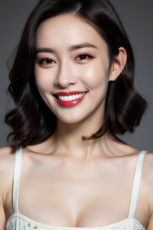 PHOTOREALISTIC REALISTIC,masterpiece,best quality,highres,ultra detailed,8k,1woman,portrait, smile, teeth,lipstick, makeup,strobe lighting,  <lora:mengziyi_alexnsfw4.14:0.6>
