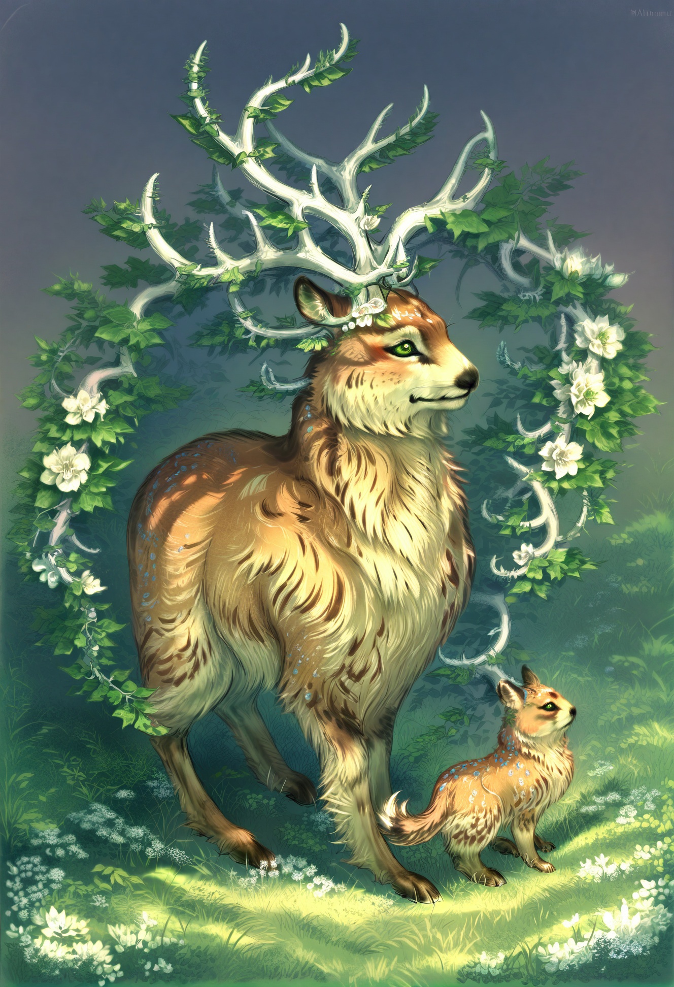 masterpiece, best quality,   no humans, deer, bird, antlers, animal, grass, nature, flower, green theme, horns, animal focus, from side, green eyes, outdoors, solo, dusk, grass, realistic, white flower, smile, forest, eurasian beaver \(creature\), looking at viewer, plant, day, fossa \(animal\), standing, white background, closed mouth, full body, no humans, owl <lora:YuuXLlokr8f-000186:0.95>