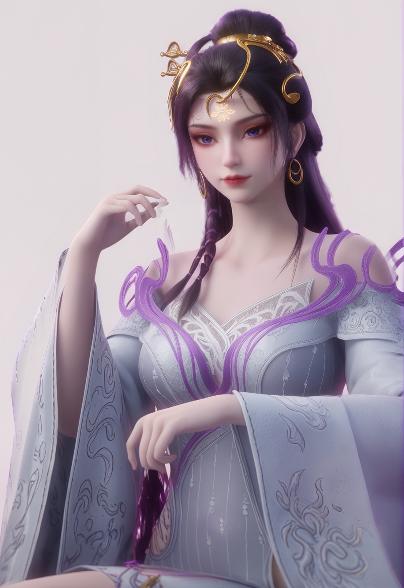 score_9,<lora:魅姬(1):0.8>,1girl, solo, earrings, hair ornament, jewelry, dress, white background, black hair, long hair, chinese clothes, sitting, wide sleeves, upper body, purple hair, simple background, long sleeves