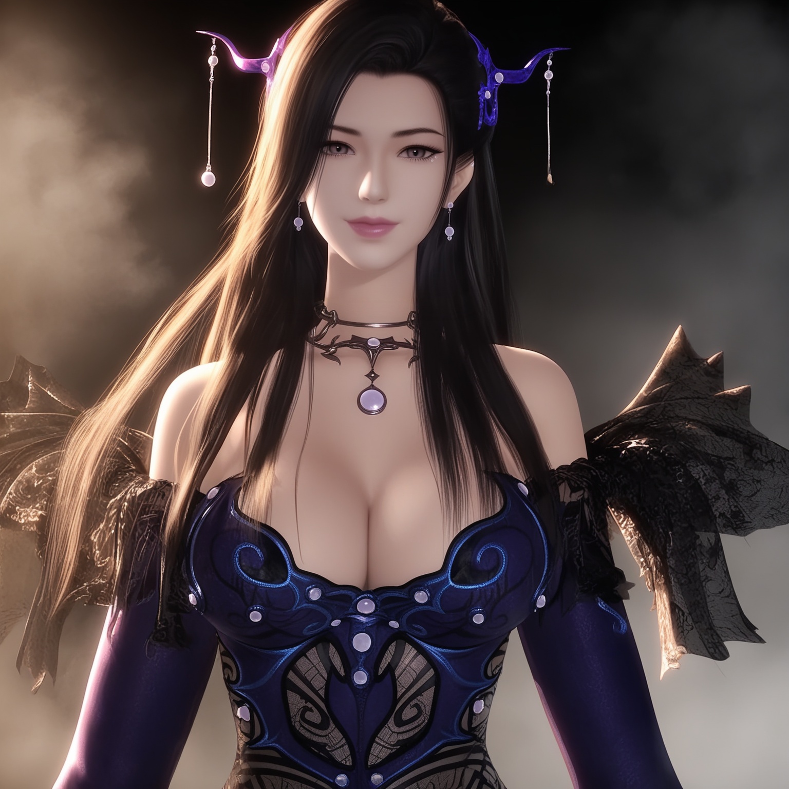 (score_9),masterpiece,best quality,absurdres,highres,(white_skin),light_skin,BREAKmature female,collarbone,narrow waist,wide hips,glamor,plump,<lora:潮女妖-ill:0.83>,1girl,solo,long hair,black hair,makeup,jewelry,hair ornament,necklace,earrings,looking at viewer,front view,face_foucs,BREAKsimple background,black background,Tyndall effect,fog,