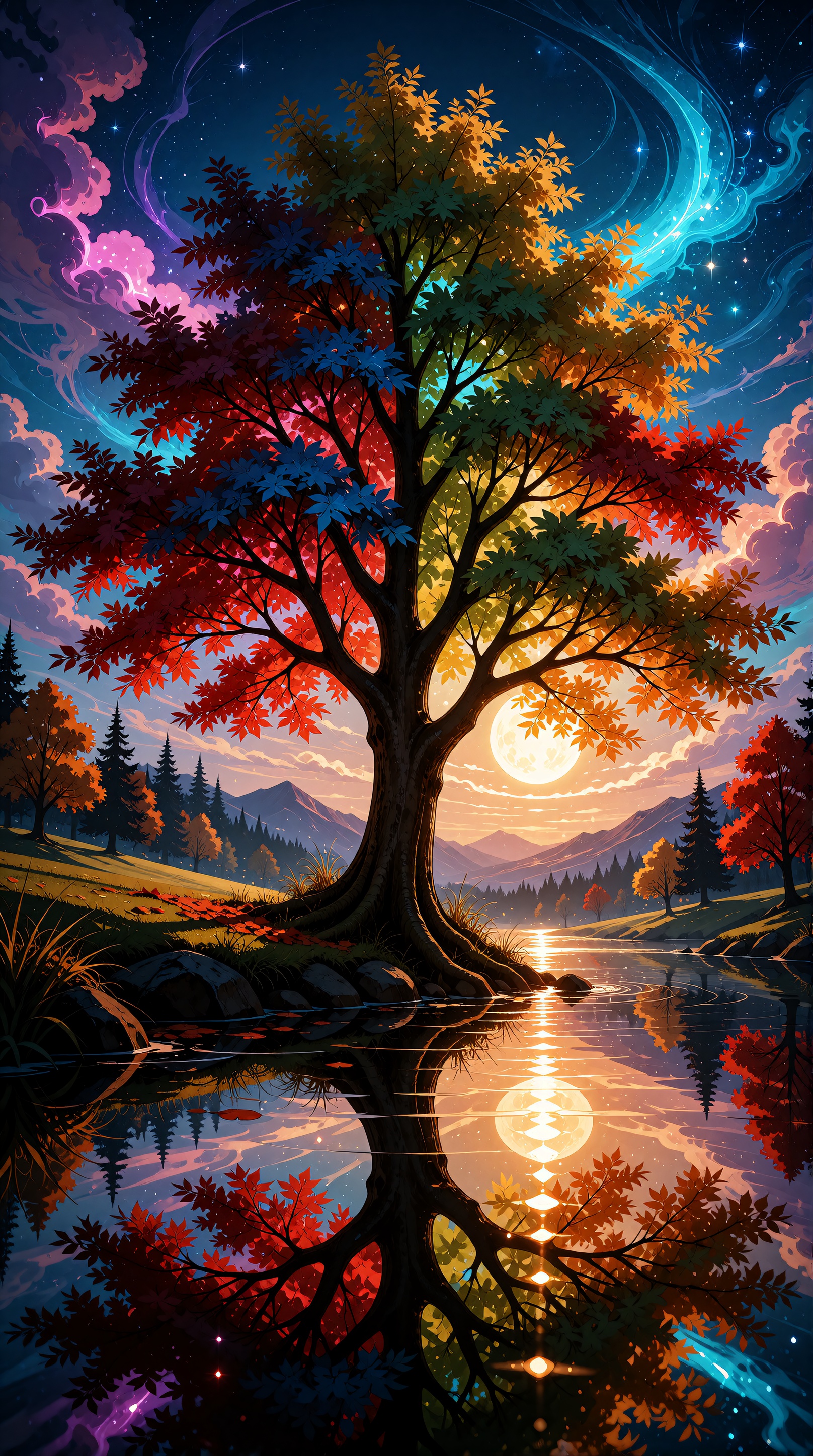 A vibrant and whimsical digital illustration featuring a beautiful autumn scene with a full moon reflecting off the still...