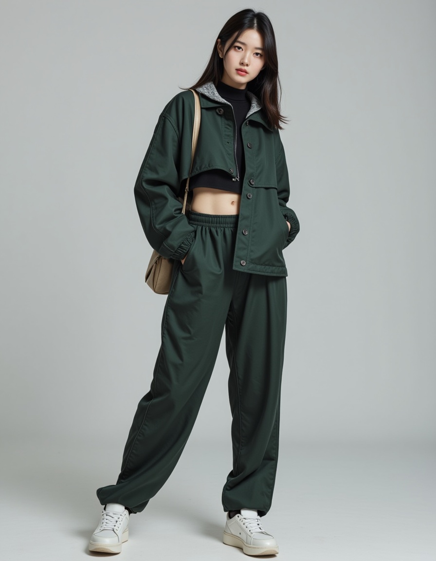 a real picture of a south korea woman,In Cropped windbreaker and track pants with side snaps