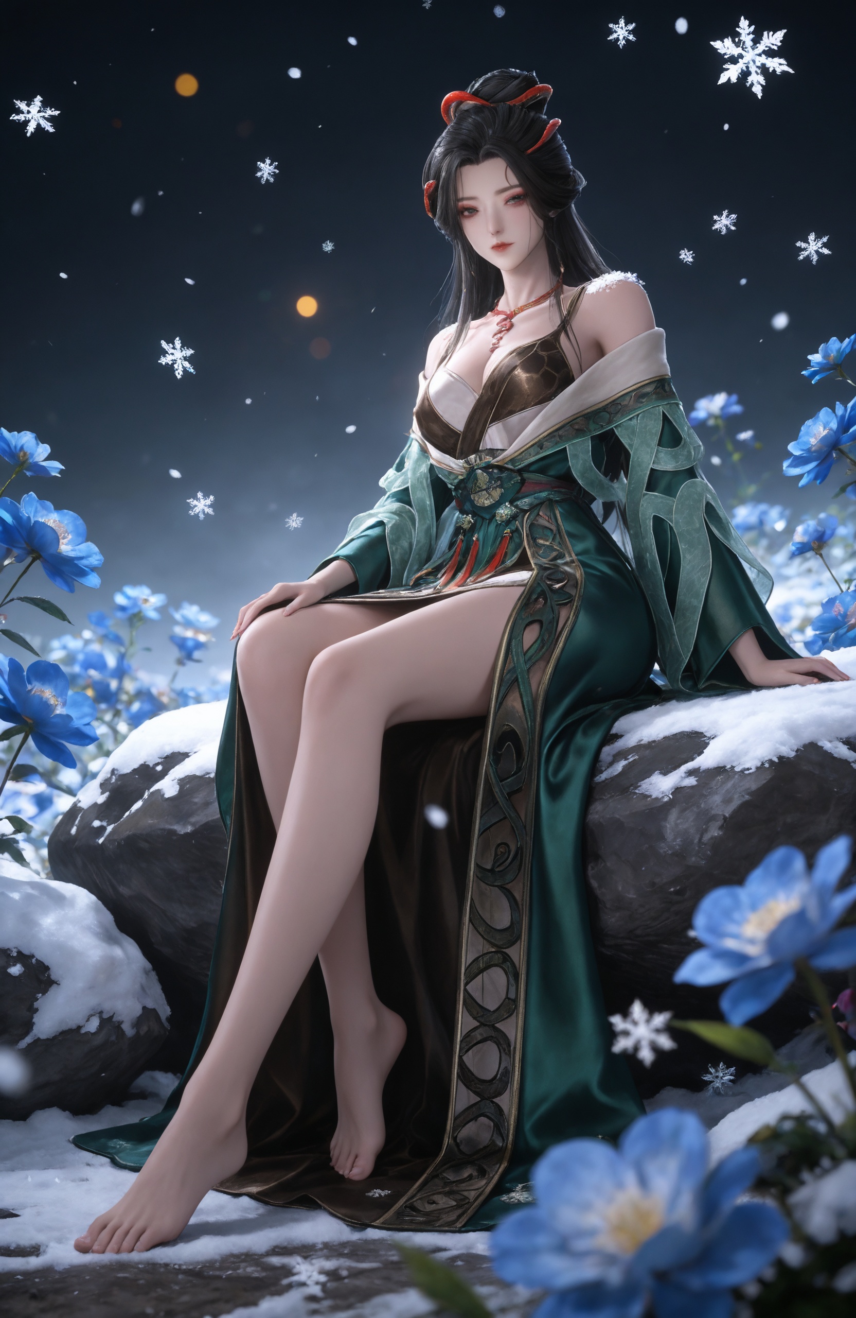 realistic style photo,outstanding style,Use soft lighting to cast gentle shadows on the subject,adding a touch of dimension to your images without compromising details,whirls of vapor,(Anime:1.1),soft neon light,ethereal ambiance,delicate details,magical atmosphere,concept art,highly detailed,ultra-high resolution,32K UHD,sharp focus,best-quality,masterpiece,golden hour,unconventional supreme masterpiece,masterful details,temperate atmosphere,with a high-end texture,in the style of fashion photography,magazine style,Dynamic Angle,Dynamic posture,magazine style,Dynamic Angle,Dynamic posture,(cowboy_shot:1.2),eye trail,depth of field,cinematic lighting,lens flare,close-up,extreme aesthetic,(wlop:0.6),(honjou raita,lack,rella,wanke:0.5),masterpiece,best quality,good quality,newest,year 2025,very aesthetic,absurdres,Visual impact,A shot with tension,ultra-high resolution,32K UHD,sharp focus,best-quality,masterpiece,Emotionalization,unconventional supreme masterpiece,masterful details,temperate atmosphere,with a high-end texture,in the style of fashion photography,(Visual impact:1.2),giving the poster a dynamic and visually striking appearance, <lora:牧神记-龙娇男IL:0.7> 1girl,solo, long hair, black hair, hair ornament, hair bun,necklace, bare shoulders, chinese clothes, breasts, green dress, off shoulder, sash, bare legs, barefoot,, ,snowing, rock,,blurry,sitting,full body,arm support,blue flower,snowflakes