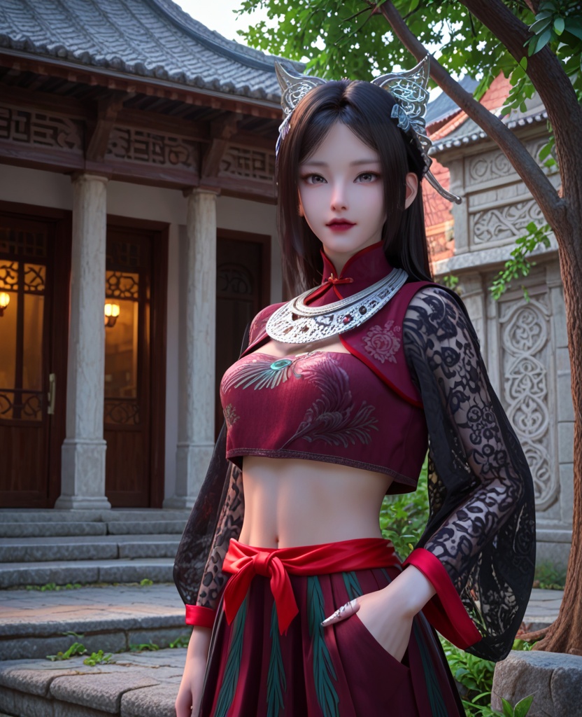(oriental architecture, elegant decor, sophisticated style:1.1),(Leaning against a wall or tree, hands in pockets, with a casual and carefree expression,:1.1),(breasts:1.2),<lora:XL少年歌行慕雨墨:0.95>,miss muyvmo,red crop top,pleated skirt,black hair,hair ornament,long hair,silver collar,black lace long sleeves,claw ring,heterochromatic eyes,lips,midriff,, score_9,score_8_up,score_7_up,score_6_up,score_5_up,score_4_up,3d rendering,tag1,tag2, Cinematic Lighting,backlighting,